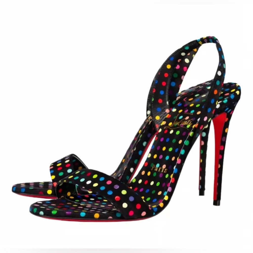 Christian Louboutin O Marylin Suede Polka Dot Strappy Sling Back Heels 38.5 NEW